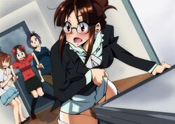 akizuki_ritsuko amami_haruka antenna_hair black_hair black_legwear blush brown_eyes brown_hair caught dark_hair female female_only footwear glasses green_eyes hagiwara_yukiho hair_ribbon hair_up human idolmaster idolmaster_2 makoto_kikuchi masturbation mosaiq_(lovechild) multiple_girls no_panties open_mouth pubic_hair purple_eyes ribbon short_hair skirt skirt_down socks surprised sweatdrop table_humping walk-in wavy_mouth