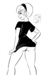 1girls ass back_view bottomless butt_crack earrings hairband homestuck latenightsexycomics looking_back monochrome ms_paint_adventures rose_lalonde short_hair smile solo t-shirt white_background white_hair white_skin