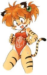 2013 5_fingers anthro black_nose blush breasts claws clothing cute_fangs felid female fur hair looking_down mammal one-piece_swimsuit open_mouth orange_hair oyatsu pantherine pussy simple_background solo stripes sweat swimwear tiger wardrobe_malfunction white_background