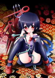 asymmetrical_wings bare_shoulders black_hair black_legwear breasts choco_(pixiv29111) female highres no_bra nue_houjuu off_shoulder open_clothes open_shirt panties panties_aside polearm pussy pussy_juice red_eyes shirt short_hair sitting snake solo spear thighhighs touhou trident uncensored underwear weapon wings