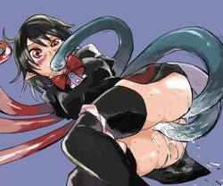 anal_penetration ass black_hair blush censored color cum_in_pussy dubious_consent female long_hair monster nue_houjuu on_side partially_clothed red_eyes simple_background solo_focus straight tentacles touhou vaginal_penetration