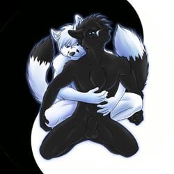 anthro balls black_fur blue_eyes canine fox fur furry gay hug hug_from_behind looking_at_viewer male sapphwolf sheath siblings spread_legs spreading twins white_fur yin_yang