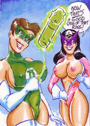 beige_skin black_hair breasts brown_hair carol_ferris clothes color dc dc_comics dialog english_text female female_only gloves green_lantern hair hal_jordan joe_gravel multiple_females multiple_girls nipples open_clothes rule_63 smile speech_bubble standing star_sapphire_(dc) star_sapphire_corps text