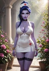 1girls ai_generated amelie_lacroix big_breasts breast female female_only long_hair nurse nurse_dress overwatch overwatch_2 oxtonai purple_hair purple_skin widowmaker