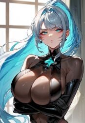 1girls ahe_gao ai_generated big_breasts black_ark_ranger blue_eyes bodysuit goddess heavenrb huge_breasts long_hair nikke of triple_penetration victory: white_hair