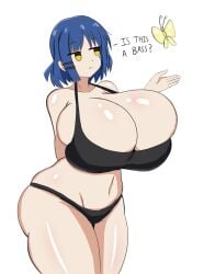 1girls ? arm_behind_back asymmetrical_hair blue_hair bocchi_the_rock! breasts butterfly cleavage closed_mouth english_text expressionless gigantic_breasts hand_up is_this_a_pigeon jitome kitsunemobo meme mole mole_under_eye navel short_hair simple_background solo text thick_thighs thighs white_background yamada_ryou yellow_eyes