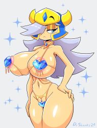 1girls areola_slip big_breasts bikini blue_eyes booby_knight_(drshanks24) booby_quest cleavage drshanks24 female female_only grey_hair hair_over_one_eye hand_on_hip helmet hi_res long_hair looking_at_viewer micro_bikini revealing_clothes skimpy skimpy_bikini skimpy_clothes solo sparkles thick_thighs unamused wide_hips