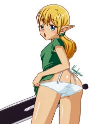 artist_name ass ass_focus back blonde_hair blue_eyes blush curvy dated elf female female_focus greatsword green_shirt highres huge_ass long_ears looking_at_viewer looking_back nanaeljustice no_pants open_mouth original panties pointy_ears ponytail shirt solo sword thighs underwear weapon white_background white_panties