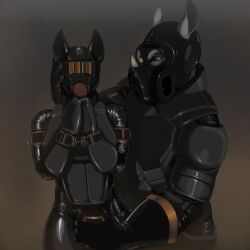 1:1 2024 anthro ball_gag barcode bondage bulge_fondling canid canine dizrahk_(artist) dominant drone fox gag gas_mask hi_res lock_bulge male male_only mammal mask muscular muscular_anthro muscular_dom muscular_dom_slim_sub muscular_male null_bulge rhinoceros sex_slave slave slim_anthro slim_male slim_sub