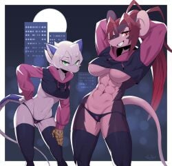 2024 abs anthro border breasts city city_background clothed clothing countershade_torso countershading draw_your_oc_in_this duo female front_view green_eyes hair hi_res ikit_claw legwear looking_at_viewer mammal meme meme_clothing mtf_crossgender muscular muscular_anthro muscular_female navel paggi_outfit panties purple_body queek_headtaker red_eyes red_hair rodent serratus skaven skykain tail teeth thigh_highs topwear under_boob underwear warhammer_(franchise) warhammer_fantasy white_body white_border white_hair