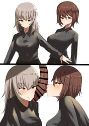 1boy 2girls banaparubon00 before_and_after blush breasts censored fellatio girls_und_panzer instant_loss itsumi_erika large_breasts licking_penis nishizumi_maho penis saliva