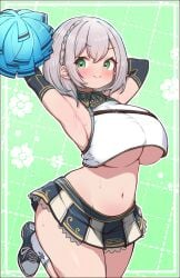 adapted_costume armpits arms_up blush braid breasts cheerleader commentary_request female french_braid green_background green_eyes grey_hair highres hololive hololive_fantasy hololive_japan kani_bonara large_breasts looking_at_viewer microskirt navel pleated_skirt pom_pom_(cheerleading) shirogane_noel shirogane_noel_(1st_costume) short_hair skirt smile solo stomach underboob virtual_youtuber