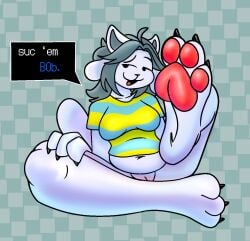 anthro breasts claws dialogue feet female foot_fetish foot_focus genitals hi_res humor lovehatealien pawpads pussy sitting slightly_chubby smug solo temmie_(undertale) toe_claws undertale undertale_(series)