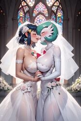 2girls aedel_hentai aedel_sfw ai_generated breasts_against_breasts bridal_veil bride bride_and_bride church church_interior dawn_(pokemon) gardevoir holding_hands kissing lesbian_couple lesbian_kiss lesbian_wedding marriage married_to_feral pokémon_(species) pokemon pokemon_(species) pokephilia wedding wedding_dress wedding_veil wife_and_wife yuri yuri_wedding