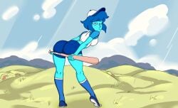 ass baseball_bat baseball_cap baseball_uniform big_ass big_butt blue_body blue_eyes blue_hair blue_skin bottom_heavy clothed clothing edit expressionless fat_ass gem_(species) grimphantom hourglass_figure lapis_lazuli_(bob) lapis_lazuli_(steven_universe) lemoeve looking_back medium_breasts outside presenting_ass redraw steven_universe straight_face thick_legs thick_thighs wide_hips