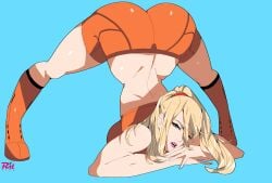 artist_logo artist_name ass bimbo blonde_hair blue_eyes breasts casual_outfit_(metroid) crop_top female flexible full_body highres jack-o'_challenge large_breasts legs long_hair looking_at_viewer meme metroid mole mole_under_mouth ponytail r3dfive samus_aran shorts simple_background smile solo spread_legs super_smash_bros. top-down_bottom-up white_background