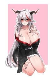 absurdres aegir_(azur_lane) azur_lane bare_shoulders black_horns black_kimono black_nails blush breasts cleavage collarbone curvy demon_girl demon_horns dogs_(dlrkdejr26) female fingernails frilled_kimono frills grey_hair hair_between_eyes hand_on_own_chest hand_on_own_thigh highres horns huge_breasts japanese_clothes kimono long_hair multicolored_hair nail_polish nose_blush off_shoulder red_hair seiza short_kimono sitting smile solo streaked_hair very_long_hair wide_sleeves yellow_eyes