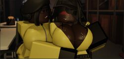 2girls alternate_version_available beret big_breasts black_hair bra bra_visible_through_clothes breasts cleavage clothing cometrr34 dark-skinned_female dark_skin embrace female female_focus female_only freckles glasses hat hazmat_suit headgear headset holding_partner horny horny_female implied_inviting_to_sex implied_yuri inviting inviting_to_sex lesbian lipbite roblox roblox_avatar robloxian suggestive suggestive_look sweat teeth those_who_remain yuri