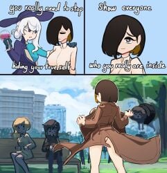 ass black_hair blue_eyes breasts centurii-chan comic exhibitionism flashing funny glass grey_eyes hair_covering_eye hair_over_one_eye kamura_(rain_prophet) one_eye_covered one_eye_obstructed open_clothes original outdoors park park_bench playground rapier_waifu_(centurii-chan) short_hair white_hair wine