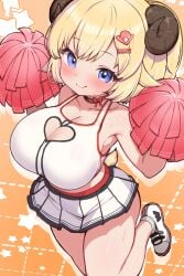 alternate_costume animal_ears blonde_hair blue_eyes blush breasts cheerleader cleavage_cutout clothing_cutout commentary_request female hair_ornament hairclip heart_cutout highres hololive horns kani_bonara large_breasts looking_at_viewer microskirt orange_background pleated_skirt pom_pom_(cheerleading) ponytail sheep_ears sheep_girl sheep_horns sheep_tail short_tail skirt smile solo starry_background tail tsunomaki_watame virtual_youtuber white_skirt