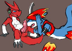 2boys animal_genitalia anthro armor balls blue_eyes claws clothing digimon dragon duo erection flamedramon gay headphones lizardlars male male_only masturbation musk open_mouth penis scalie shoutmon simple_background smile yaoi