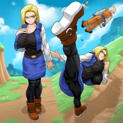 1boy 1girls alternate_breast_size android_18 black_bodysuit blonde_hair bodysuit bodysuit_under_clothes boots breasts cameltoe clothed covered_abs denim_skirt dragon_ball dragon_ball_z duo female fist heppari high_kick huge_breasts kicking krillin kuririn male muscular muscular_female skirt solo_focus variant_set