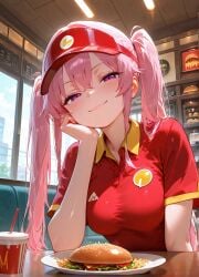 :3 ai_generated bangs blush brand_name_imitation breasts burger closed_mouth clothing collared_shirt cup day disposable_cup drinking_straw employee_uniform female food french_fries hair_between_eyes half-closed_eyes hat headwear high_resolution indoors long_hair looking_at_viewer medium_breasts original original_character pink_hair plate polo_shirt pov_across_table purple_eyes red_headwear red_shirt restaurant shirt short_sleeves sidelocks sitting smile smug solo table twintails uniform upper_body visor_cap yuyumiai