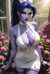 1girls ai_generated amelie_lacroix big_breasts breast female female_only long_hair nurse nurse_dress overwatch overwatch_2 oxtonai purple_hair purple_skin widowmaker