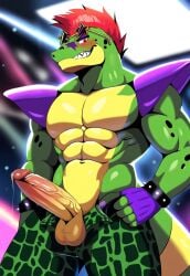 1boy abs ai ai_generated alligator blush cocky dominant erection five_nights_at_freddy's five_nights_at_freddy's:_security_breach fnaf furry gay leaking_cum male_only montgomery_gator_(fnaf) muscular muscular_male only_male pants partially_clothed penis precum red_hair red_mohawk smirk smirking smug solo sunglasses yaoi yaoi0man