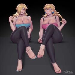 2girls big_breasts bimbo blonde_hair blue_eyes cleavage earrings female female_focus female_only fully_clothed leggings looking_at_viewer mario_(series) nail_polish pinkdrawz princess_peach princess_rosalina super_mario_bros. thick_thighs