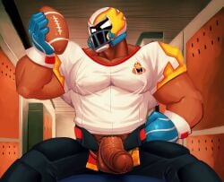 1boy abs alternate_costume american_football_(object) american_football_helmet american_football_uniform ball bara biceps brawl_stars covered_nipples cowboy_shot dark-skinned_male dark_skin el_primo_(brawl_stars) flexing girthy_penis head_tilt helmet highres large_pectorals locker locker_room looking_at_viewer lovka luchador_mask male male_focus male_only muscular muscular_male nipples open_fly pectorals penis pointing pointing_forward rugby_ball solo sportswear spread_legs standing thick_thighs thighs uncensored veins veiny_penis wrestler wrestling_outfit