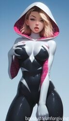1girls ai_generated bodysuit breast_grab breasts female female_only gwen_stacy hips marvel solo spider-gwen spider-man:_into_the_spider-verse spider-man_(series) super_suit superheroine sweat sweatdrop taut_clothes tongue tongue_out unforgiving wet