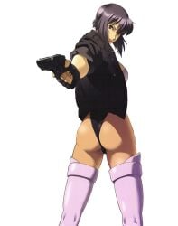 absurdres artist_request ass back boots female from_behind ghost_in_the_shell ghost_in_the_shell_stand_alone_complex grey_hair gun handgun highres kusanagi_motoko looking_back official_art panties photoshop_(medium) purple_thighhighs red_eyes short_hair solo source_request thigh_boots thighhighs thong underwear weapon