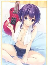 bare_arms bare_belly bare_legs bare_shoulders bare_thighs barefoot bed bed_sheet belly_button big_breasts breasts cleavage collarbone electric_guitar feet hyoudou_michiru licking_own_lips popsicle purple_eyes purple_hair saenai_heroine_no_sodatekata shiny_skin short_hair shorts shorts_only sitting_on_bed thighs toes tongue topless towel_around_neck towel_covering_breasts yuuki_hagure