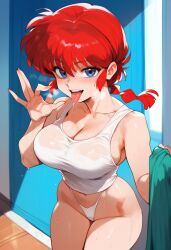 2d ai_generated big_breasts braid braided_hair canon_genderswap fellatio_gesture genderswap genderswap_(mtf) indoors looking_at_viewer panties ranma-chan ranma_1/2 ranma_saotome red_hair solo solo_female solo_focus tagme tank_top tongue_out white_panties white_tank_top