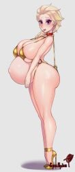 1girls alternate_breast_size anal anal_hook belly big_breasts bikini blonde_hair breasts busty collar curvaceous curvy curvy_body curvy_female curvy_figure elsa_(frozen) female frozen_(film) gold_bikini heels high_heels huge_breasts large_breasts pregnant pregnant_belly pregnant_female purple_eyes squallpion thick_thighs thighs voluptuous