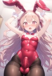 ai_generated armpits arms_up blush bowtie bunny_boy bunnysuit cuffs erection_under_clothes femboy otoko_no_ko pantyhose penis_shaped_bulge penis_under_clothes rabbit_ears red_bowtie red_eyes skin_tight small_breasts tiny_breasts trap