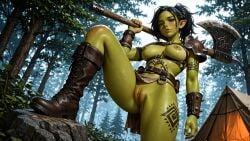 4k ai_generated armor axe belt black_hair boots bracers breasts colored_skin female forest from_below green_skin harness holding holding_weapon loincloth looking_at_viewer nature nipples one_leg_up orc orc_female outdoors pauldrons pointy_ears ponytail pussy shoulder_armor solo spikes stable_diffusion standing tattoo tree tusks uncensored weapon wetartist