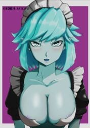 aeos big_breasts blue_eyes blue_hair blue_skin blush dragon_ball_heroes lips maid maid_uniform nipples_visible_through_clothing short_hair super_dragon_ball_heroes violet_background watermark white_background