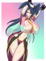 1girls bare_legs big_ass big_breasts bunny_ears fusion fusion_character genshin_impact holding_breast light-skinned_female melona multi_arm multi_limb navel prehensile_hair purple_eyes queen's_blade smile solo solo_female thin_waist xianyun_(genshin_impact) zaro24