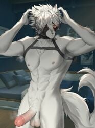 abs anthro armpits asaifrit bara bara_tits big_penis blush boner erection fixing_hair fluffy_tail hoyoverse humanoid humanoid_penis male male_focus male_only mihoyo muscular muscular_male nipples pecs penis red_eyes solo solo_male steam steaming_body steamy steamy_penis suspenders tail victoria_housekeeping von_lycaon white_fur zenless_zone_zero