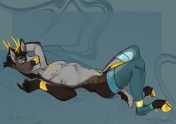 animal_genitalia animal_penis blue_clothing blue_eyes blue_leg_warmers blue_legwear chest_scar clothing deer ear_piercing equine_genitalia equine_penis femboy fur genitals gold_(metal) gold_antlers gold_hooves gold_nose gold_penis hi_res hooves horn leg_warmers leggings leggings_only legwear male mammal markings mismatched_animal_genitalia mismatched_animal_penis mismatched_genitalia mismatched_penis nipple_piercing nipples penis piercing scar spots spotted_body spotted_fur womb_tattoo x_scar yeen_shield yellow_horn