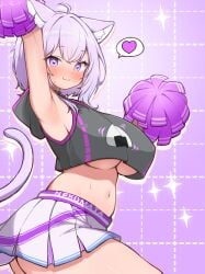 adapted_costume animal_ears armpits black_shirt blush breasts cat_ears cat_girl cat_tail cheerleader crop_top female heart highres hololive hood hoodie kani_bonara large_breasts looking_at_viewer midriff navel nekomata_okayu nekomata_okayu_(1st_costume) pom_pom_(cheerleading) purple_eyes purple_hair shirt short_hair skirt solo speech_bubble spoken_heart star_(symbol) star_in_eye stomach symbol_in_eye tail underboob virtual_youtuber white_skirt