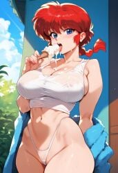 1boy 1girls 2d ai_generated artist_request big_breasts braid braided_hair canon_genderswap day female female_only genderswap genderswap_(mtf) highleg ice_cream licking_ice_cream outdoors panties ranma-chan ranma_1/2 ranma_saotome red_hair sky solo solo_female solo_focus tagme tank_top white_panties white_tank_top