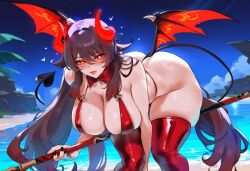 ai_generated bare_shoulders beach bent_over black_hair blush breasts day demon demon_girl demon_tail demon_wings depressu female genshin_impact hair_between_eyes hanging_breasts horns hu_tao_(genshin_impact) huge_breasts long_hair looking_at_viewer naughty_face ocean outdoors polearm red_eyes red_legwear sky sling_bikini slingshot_swimsuit solo succubus swimsuit sword tail thick_thighs thighhighs umbrella very_long_hair water weapon wings