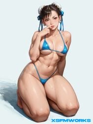 1girls abs ai-created ai_generated bare_shoulders barefoot bikini blue_bikini blue_swimsuit breasts brown_eyes brown_hair bun_cover chun-li cleavage clothing double_bun earrings feet female female_only full_body g-string g-string_bikini hair_bun hair_ornament highleg highleg_bikini highleg_swimsuit jewelry kneeling large_breasts lips looking_at_viewer makeup medium_breasts micro_bikini muscle muscular_female navel short_hair simple_background sitting solo street_fighter string_bikini swimsuit tagme thick_thighs thighs tied_hair wide_hips xsfmworks