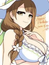 1girls alternate_costume bikini braid braided_ponytail breasts brown_eyes brown_hair cleavage dated female female female_only fire_emblem fire_emblem_engage fire_emblem_heroes goldmary_(fire_emblem) goldmary_(summer)_(fire_emblem) happy_birthday hat highres large_breasts looking_at_viewer mole mole_on_breast nintendo official_alternate_costume smile solo sun_hat swimsuit upper_body white_bikini white_swimsuit yuki_cryp_a