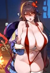 2girls ai_generated bare_shoulders blush bracelet breasts chinese_clothes depressu eyebrows_visible_through_hair full_moon genshin_impact grabbing_from_behind hair_between_eyes heart horns hu_tao_(genshin_impact) hug long_hair looking_at_viewer moon multiple_girls naughty_face night night_sky qiqi_(genshin_impact) red_eyes short_hair sky slingshot_swimsuit succubus swimsuit thick_thighs wide_hips yuri