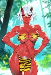 ai_generated armpit_hair blurry_background cowboy_shot demon demon_girl demon_horns female female_focus female_only forest hands_on_hips jagat_ai loincloth monster_girl muscular muscular_female novelai oni oni_female oni_horns orange_eyes original original_character pointy_ears pubic_hair pubic_hair_peek red_skin scar short_hair solo solo_focus tiger_print tubetop white_hair woods