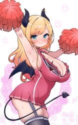 alternate_costume armpits arms_up black_thighhighs blonde_hair blue_eyes blush breasts cheerleader cleavage commentary covered_navel cowboy_shot demon_girl demon_horns demon_tail demon_wings female from_side garter_straps highres hololive horns kani_bonara lace-trimmed_thighhighs large_breasts long_hair looking_at_viewer pointy_ears pom_pom_(cheerleading) skindentation smile solo succubus swept_bangs symbol-only_commentary tail thighhighs virtual_youtuber white_background wings yuzuki_choco zettai_ryouiki